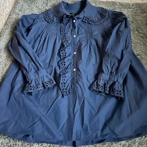 Nili Lotan Ruffle Eyelet Blouse Navy Blue XS Cotton